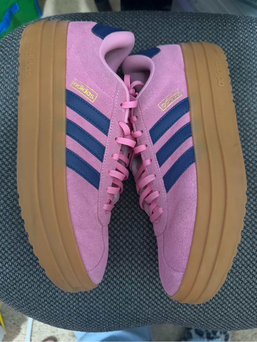 adidas Pink Suede Platform Sneakers with Navy Stripes and Gum Sole